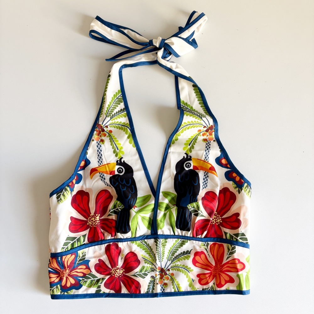 Womens Tropical Toucan Floral Vacation Resortwear Cruise Halter Crop Top Size L